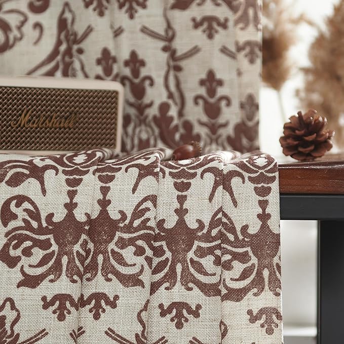jinchan Linen Curtains for Bedroom Brown Damask Patterned 90 Inches Long for Living Room Light Filtering Vintage Curtains Baroque Style Drapes Grommet Window Treatments 2 Panels Set