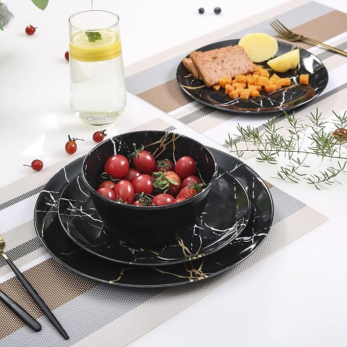 Melamine Dinnerware Set - 12pcs Plates and Bowls Sets Best for Indoor and Outdoor Party, BPA-Free Dishwasher Safe Kitchen Dinner Set with Black Marble Pattern