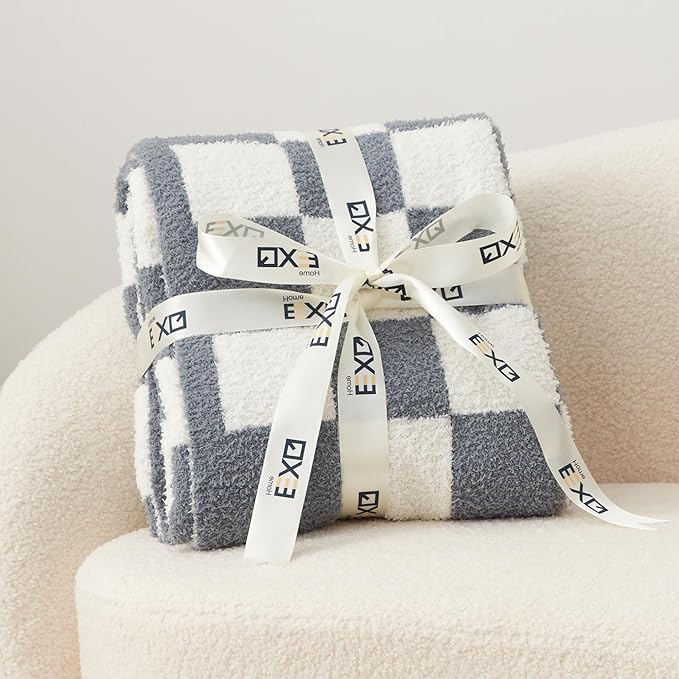 EXQ Home Checkered Throw Blanket, Knitted Blanket with Checkerboard Grid Pattern, Soft Cozy Fluffy Blankets for Couch Bed Sofa, Warm Fuzzy Plaid Blanket for All Seasons(Bluish Grey, 50"×60")