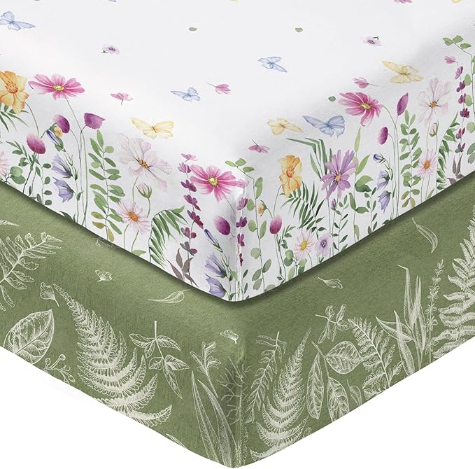 Horaldaily 2 Pack Fitted Crib Sheet for Boys Girls, Fits Standard Size Crib Mattress 28in x 52in, Soft Breathable Washable Jersey Microfiber Baby Crib Sheet, Wild Floral Nursery Sheet Green/White