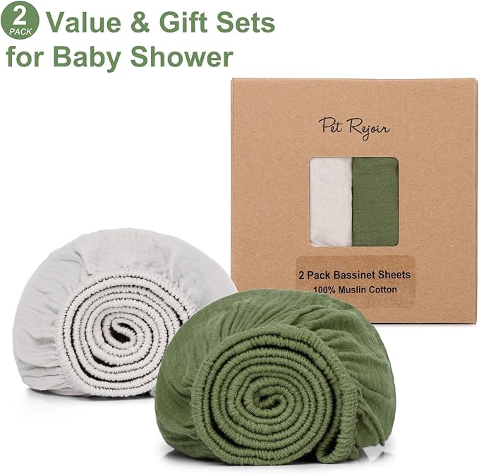 Muslin Bassinet Sheet for Baby Boy and Girl-2 Pack 17"x 33" Soft Bedside Bassinet Sheets Fitted for Rectangle, Round, Oval, Hourglass Mattress-Neutral Boho Olive Green & Beige Colors