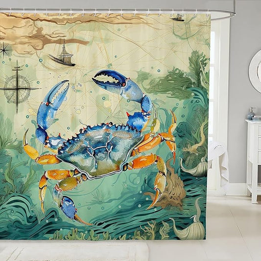 Feelyou Crab Print Shower Curtain 72"x84" Kids Sailboat Printed Bathroom Shower Curtain Set for Boys Girls Teens Ocean Themed Bath Curtain Marine Life Sealife Bathroom Accessories
