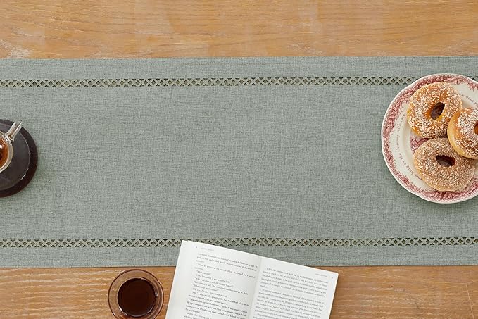 Burlap Style Farmhouse Table Runner, 13 x 72 Inch Grey, Rustic Geometric Hollow Table Runners 72 Inches Long for Dresser Table Everyday Use, 13x72 Inches, Grey