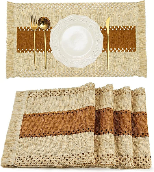 FEXIA Boho Placemats Set of 4, Macrame Table Decor and Farmhouse Style Placemats Natural Cotton Burlap, for Dining Table, Caramel