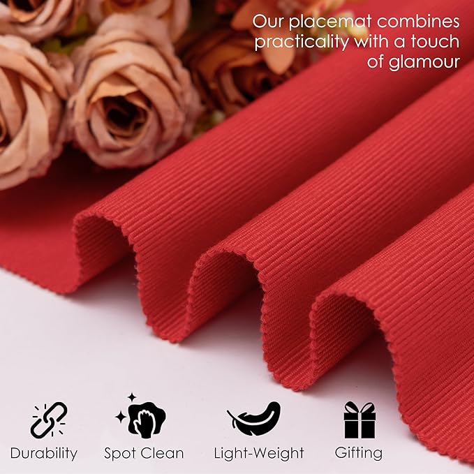 Cloth Placemats Set of 4, Cotton Blend Durable Layered Table Mats, Non-Slip Wrinkle Free Place Mats for Dining Table, Easy to Clean (Chinese Red, 13x19 Inch)