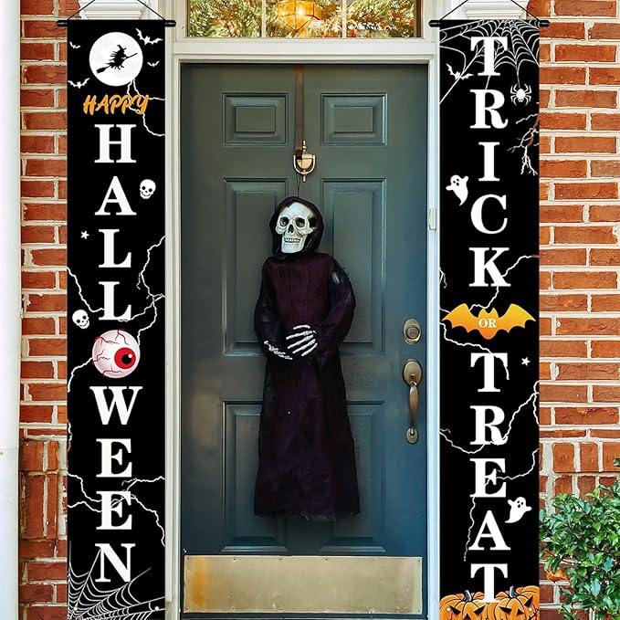 Halloween Door Decorations Outdoor Trick or Treat Banners Halloween Hanging Welcome Signs for Front Porch Yard Garland Garden Party Supplies Indoor Witch Wall Decor