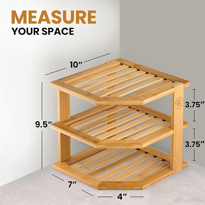 Cabinet Organizer Shelf - Bamboo Corner Rack for Kitchen Counter, Cabinet Space Saver for Plates, Dishes, Bowls, Bread Pantry, Bathroom Storage or Countertop Stand, Stackable Design