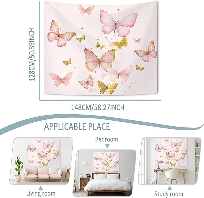KAIOUS Pink and Gold Butterfly Tapestry, Pink Butterfly Wall Hanging Tapestries for Bedroom Living Room Dorm Girls Room Home Decor 50x58 Inches