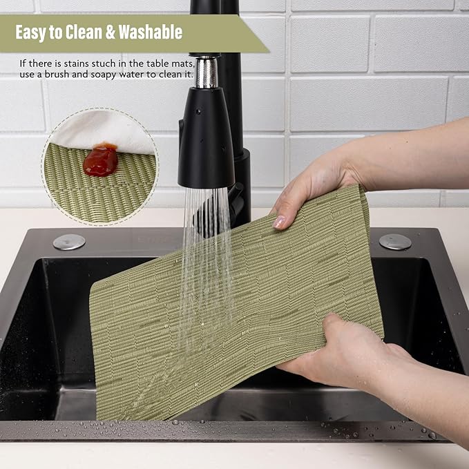 Winknowl Placemats Set of 4, Heat Resistant Stain Resistant Woven Vinyl Insulation Place mats, Durable Washable Elegant Table Mats for Kitchen Dining Table Decor (Bamboo Green)