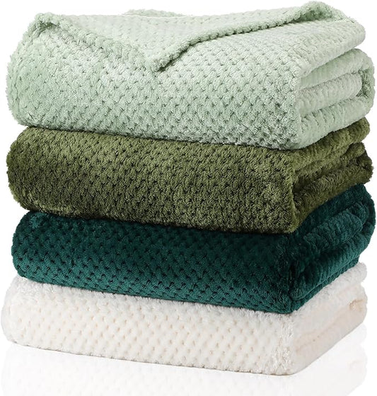 Newwiee 4 Pcs Flanne Fleece Throw Blanket for Bed Couch Large 3D Waffle Textured Soft Blanket Winter Warm Lightweight No Shedding No Pilling Decorative Throw, 50x60 Inch(Gradient Green)