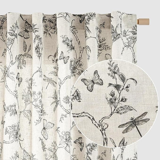 Lazzzy Linen Black Floral Curtains 90 Inch Length Farmhouse Curtain Back Tab Drapes for Living Room Bedroom Light Filtering Vintage Rod Pocket Curtains, 2 Panels, Black on Beige