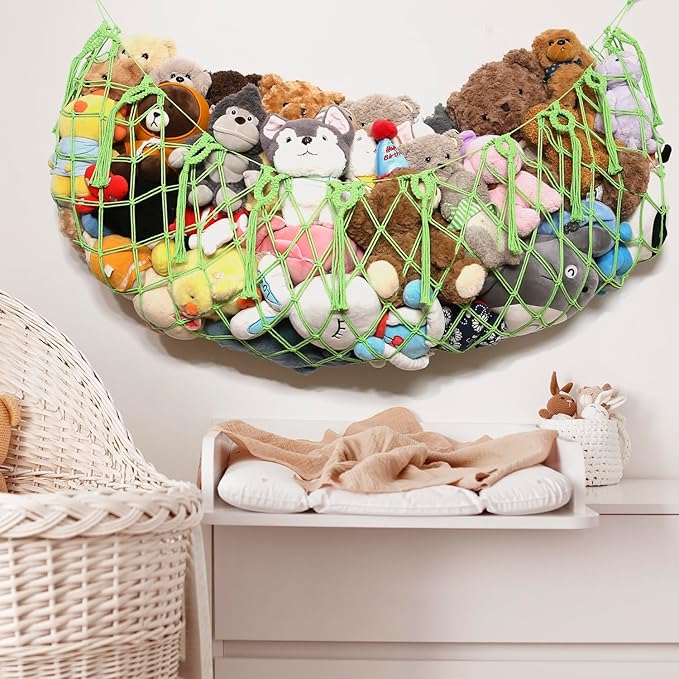 Stuffed Animal Net or Hammock -Wall Mounted-Handmade Macrame Toy Hammock Organizer Stuffed Animal Display Plush Toys Holder Boho Decor for Nursery Playroom-Green