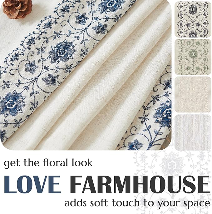 jinchan Boho Curtains for Bedroom Blue Vintage Floral Farmhouse Curtains 72 Inches Long Linen Blend Drapes for Living Room Embroidered Drapes Light Filtering Rod Pocket Blue on Beige 2 Panels