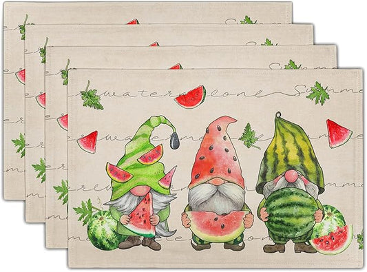 Summer Watermelon Gnomes Placemats Set of 4 12 x 18 Inch,Watercolor Red Watermelon Washable Kitchen Mats Seasonal Place Mat for Kitchen Dining Table Decor