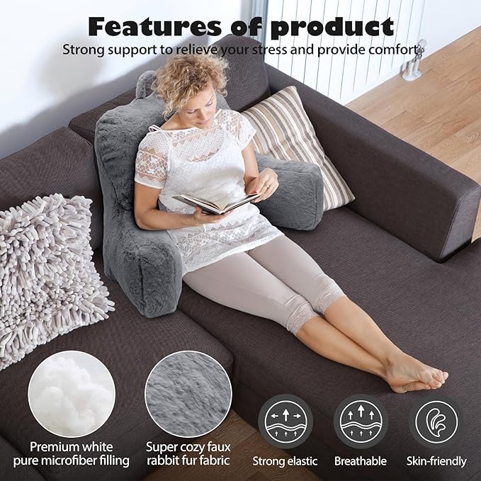 Reading Pillow Large Bed Pillow,Backrest with Arms, Back Support for Sitting Up in Bed, Couch for Lounging Bedrest,Grey
