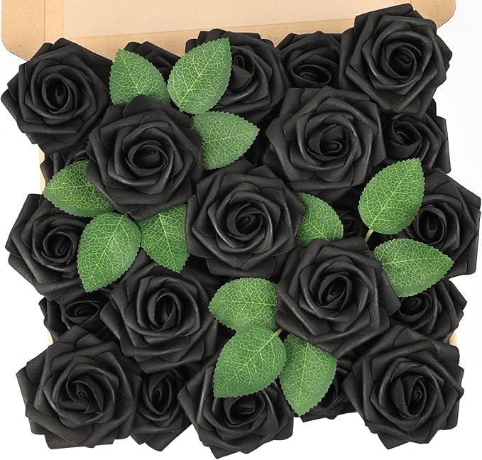 N&T NIETING Artificial Flowers Black Rose 25pcs Real Touch Flowers Perfect for for DIY Bouquets Wedding Party Baby Shower Home Decoration