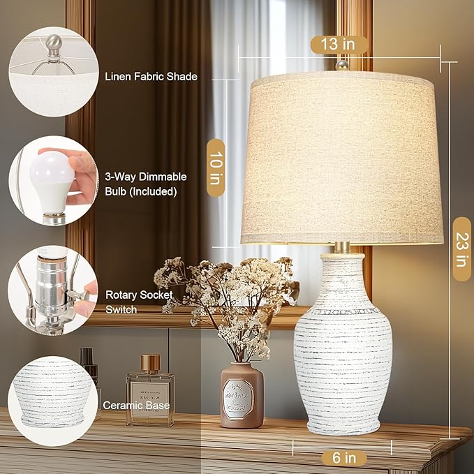 23" Blue Washed Ceramic Table Lamps Set of 2,Lamps for Living Room with 3-Way Dimmable Bulb,Rotary Switch,Bedside Lamp with Linen Shade,Nightstand Table Lamps of 2 for Bedroom,Reading(Bulb Included)