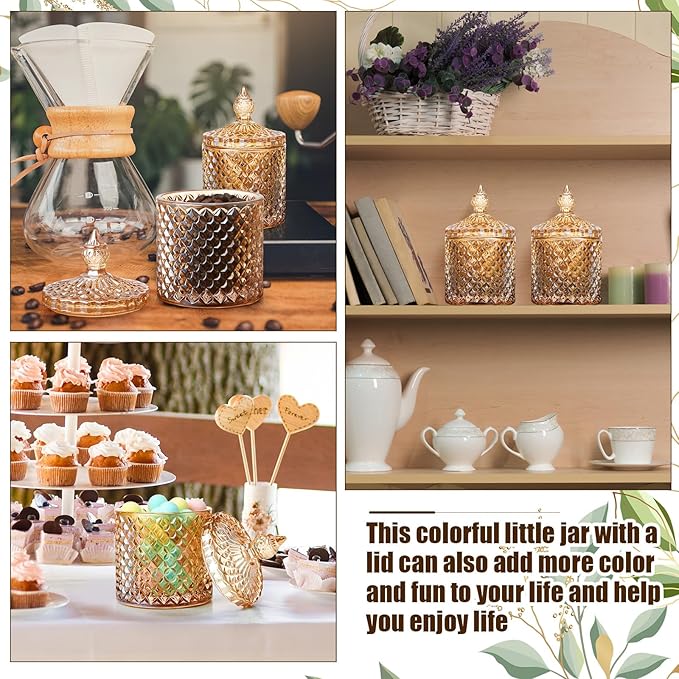 Aoriher 4 Pcs Crystal Glass Candy Jar Set with Lids Home Decorative Storage Jars for Apothecary, Bathroom, Kitchen, and Pantry, Ideal for Cotton Swabs and Jewelry(Medium,Amber)