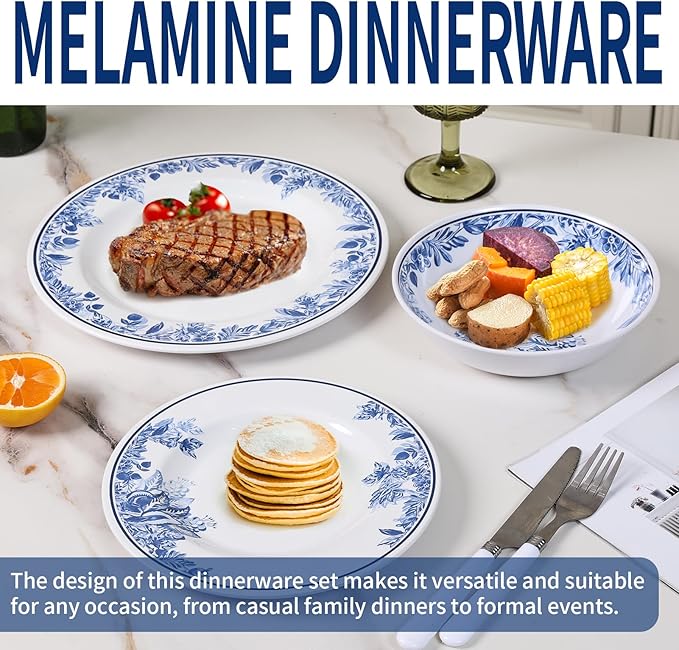 Melamine Dinnerware Sets-12pcs floral dinnerware set Service for 4,Dishwasher Safe, Break-resistant, Indoor and Outdoor Use,Reusable,Traditional Flower