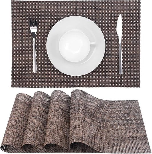 Zupro Placemats Set of 4 for Kitchen Dining Table Washable Braided Table Mats Heat-Resistant Placemats Non-Slip Woven PVC Vinyl Place Mats for Everyday use or Holidays Dinner BBQs 18"x12"(Coffee