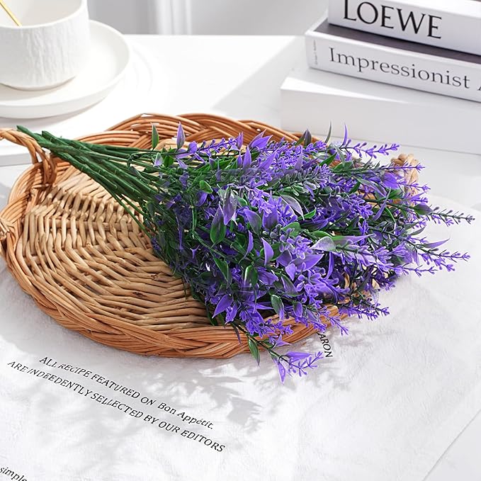 Artificial Flowers, Lavender Fake Flowers 12 Bundles UV Resistant Shrubs Faux Plastic Greenery Plants Hanging Planter Flora Fence Indoor Outside Wedding Indoor Farmhouse Decor (Violet)