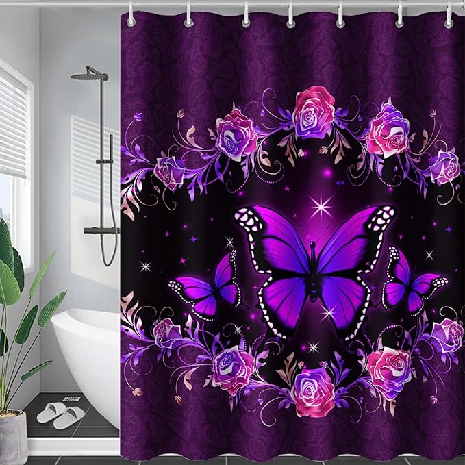 AILONEN Girls Butterfly Shower Curtain for Bathroom, Purple Rose Floral Butterfly Bathroom Curtain,Flying Butterfly Bath Curtain 72" W*84" H Polyester Waterproof Bathroom Curtain with 12 Hooks