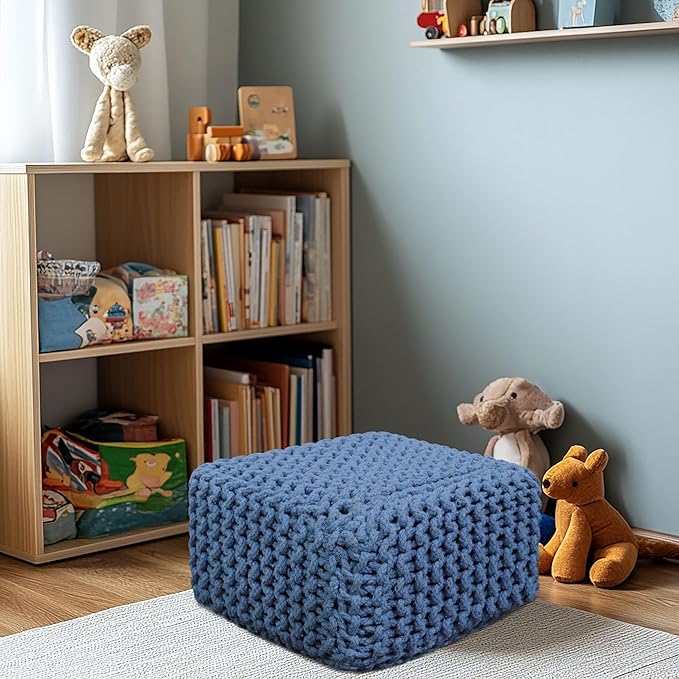 COTTON CRAFT Braided Footrest - Handknitted Cotton Cord Dori Foot Stool Ottoman - Low Floor Pouf - Lightweight Portable - Small Spaces Living Room Bedroom Entryway Under Desk - 14 x 8 Square - Blue
