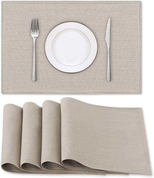 H.VERSAILTEX Linen Placemats Set of 4 Premium Solid Table Placemats for Dining Table Spill-Proof Waterproof Table Mats Heat-Resistant Kitchen Table Mats Washable, 12x18 inches, Taupe