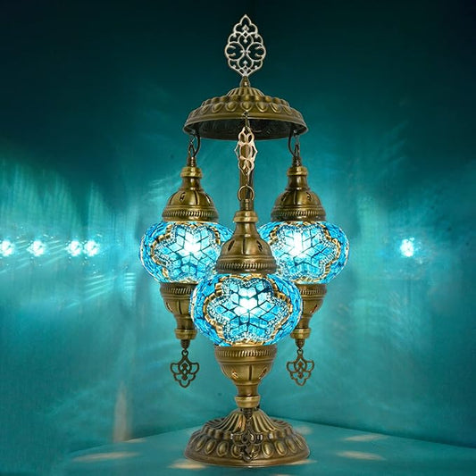 mozaist Moroccan Handmade Mosaic Table Lamp, Turkish Vintage Boho Style Desk Light, 3 Globe Bedside Country Décor for Home Lighting, Rural Authentic Unique Gift with US Plug & E12 Socket (Sea Blue)