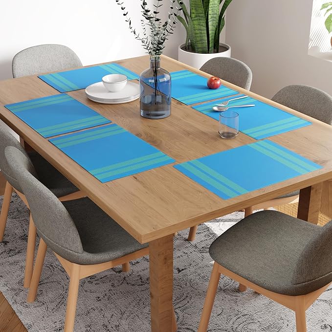 Encasa XO Dining Placemat Set of 6 | Ladder Turq Blue Color | Fine Ribbed Cotton Table mat | Size 18x13 in | Machine Washable