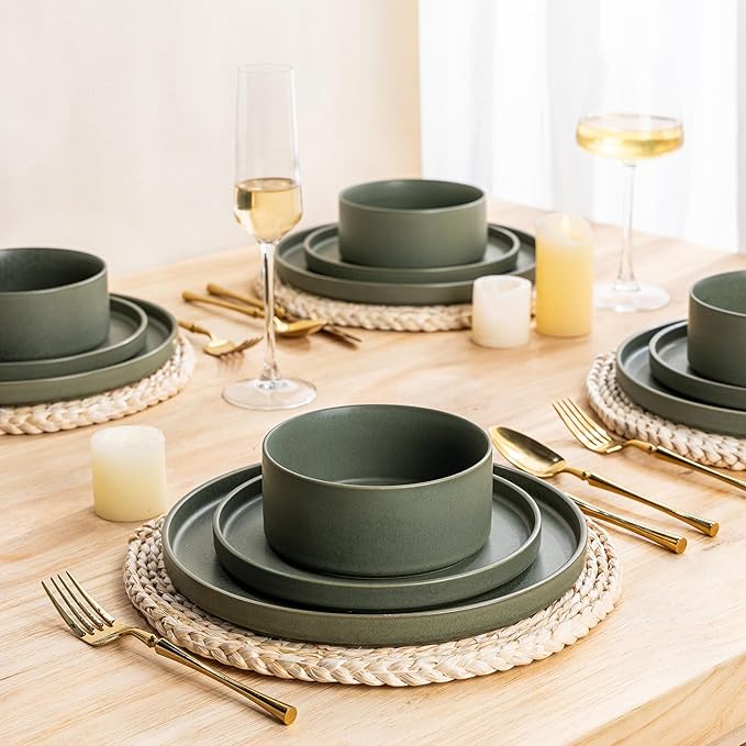 GBHOME Ceramic Dinnerware Sets for 4, Stoneware Plates and Bowls Sets, Chip and Scratch Resistant Dishes, Dishwasher & Microwave& Oven Safe Dishes sets, Reactive Glaze-Green