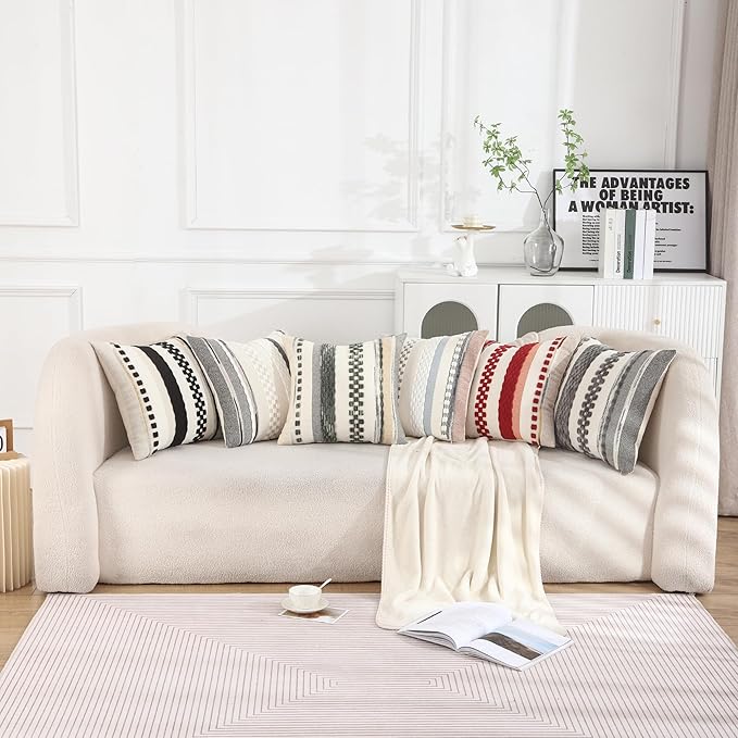Tosleo Boho Throw Pillow Covers 18x18 Set of 2 Striped Decorative Pillow Cases Accent Chenille Pillowcases Farmhouse Cushion Case Bohemian Nuetral Textured Pillow Cover,White
