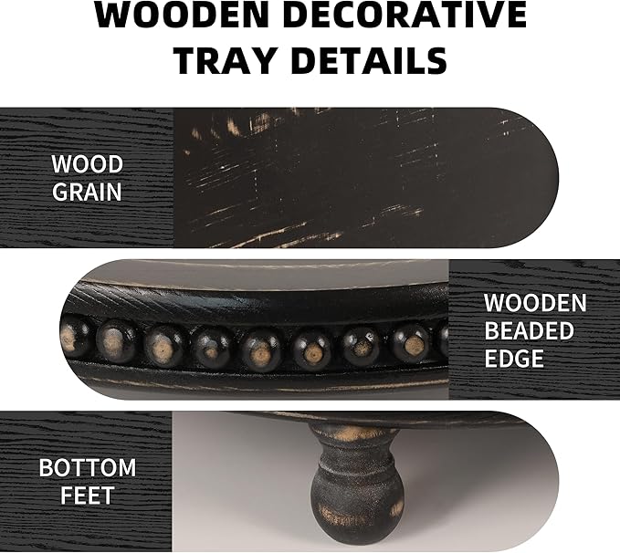 Wooden Tray for Home Decor, Round Wood Beaded Tray, Decorative Tray for Living Room Decor Coffee Table Decor Kitchen Table Decor or Farmhouse Decor Serving Tray (Black)