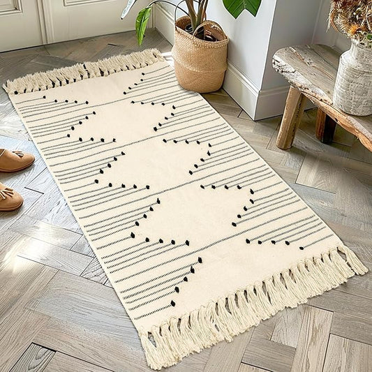 Tritard Boho Washable Area Rug 2x4.3 - Kitchen Bathroom Runner Rug with Tassels, Farmhouse Woven Cotton Entryway Throw Rugs Aztec Hallway Carpet Bath Mat for Bedroom, Laundry, Doorway, Beige Cream