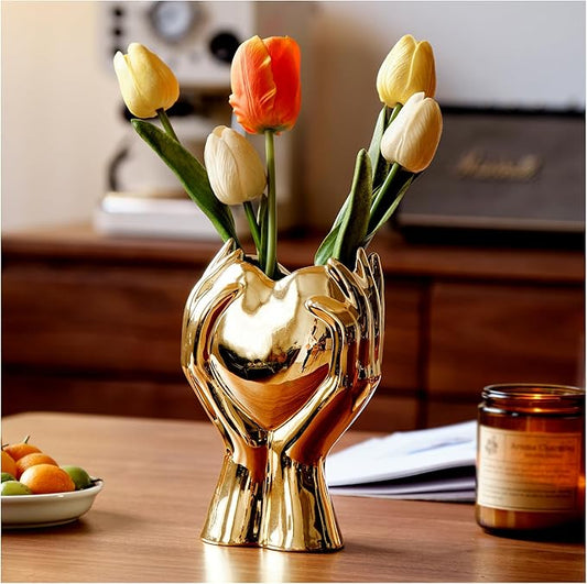 8" Heart Hand Gold Ceramic Vase - Unique Modern Aesthetic Flowers Vase for Living Room Bedroom Office Kitchen Table Centerpiece or Shelf Decor-Gifts for Wedding Bridal Shower Women Mom (Gold)