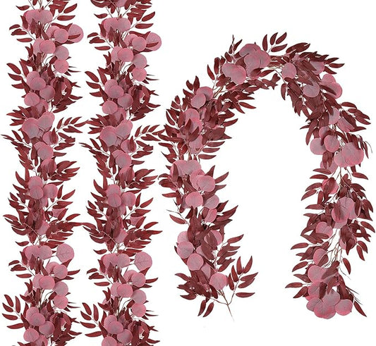 2Pcs Artificial Eucalyptus Garlands with Willow Leaves 6.6 Ft Faux Hanging Eucalyptus Willow Vines Fall Rattan for Thanksgiving Christmas Party Wedding Table Centerpiece Fireplace Decoration(Burgundy)