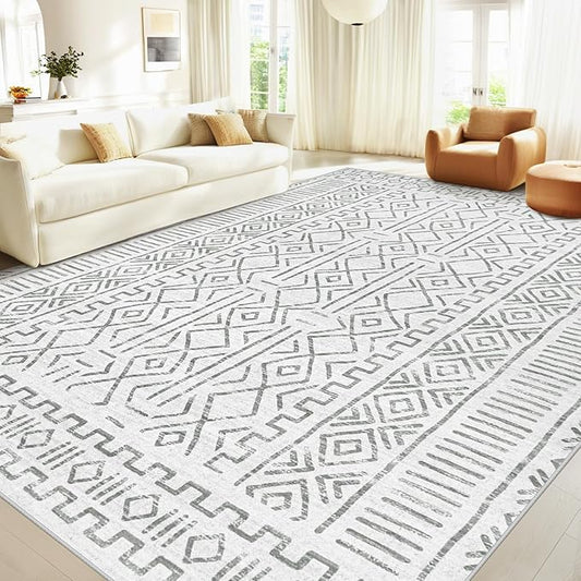 9x12 Area Rug Living Room: Washable Boho Geometric Moroccan Rug Neutral Modern Farmhouse Indoor Soft Non Slip Ultra Thin Large Printed Pattern Carpet for Bedroom Home Office (BeigeGray, 9'x12')