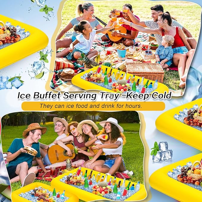 Leitee 4 Pcs Inflatable Ice Serving Bars Buffet Serving Tray Drink Cooler for Pool Party Inflatable Ice Tray Floating Food Drink Containers with Drain Plug and a Hand Pump, 2 Sizes (Yellow)