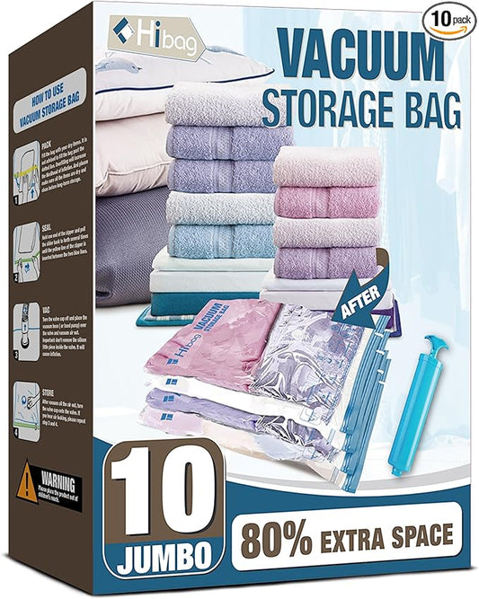 HIBAG Vacuum Storage Bags, 10 Jumbo Space Saver Vacuum Seal Bags, Space Bags, Vacuum Sealer Bags for Clothes, Comforters, Blankets, Bedding (10J)