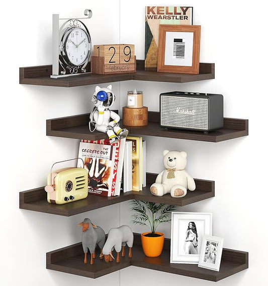 4 Tier Floating Corner Shelves - Set of 4 Rustic Wooden Floating Corner Wall Shelf with Cord Hole, L Shaped Corner Shelf Wall Mount for Bedroom,Living Room,Bathroom,Kitchen, Walnut Color