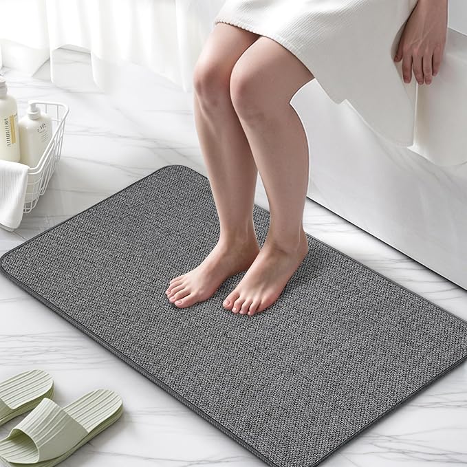 Thin Bathroom Rugs, Bath Mat Super Absorbent, Bath Rugs Rubber Backing Non-Slip, Quick Dry Machine Washable, Cozy Cloth Bathroom Mat fit Under Door/Sink/ Bathtub/Floor/Shower 24''x48''-Dark Grey