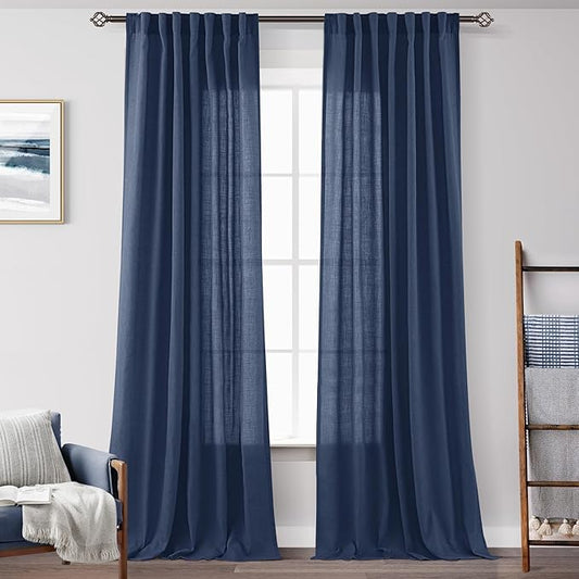 Navy Blue Curtains 108 inch Length for Bedroom Back Tab Light Filtering Semi Sheer Blue Living Room Curtains Linen Cotton Textured Indigo Blue Drapery Panel Modern Farmhouse Aesthetic Decor Dark Blue