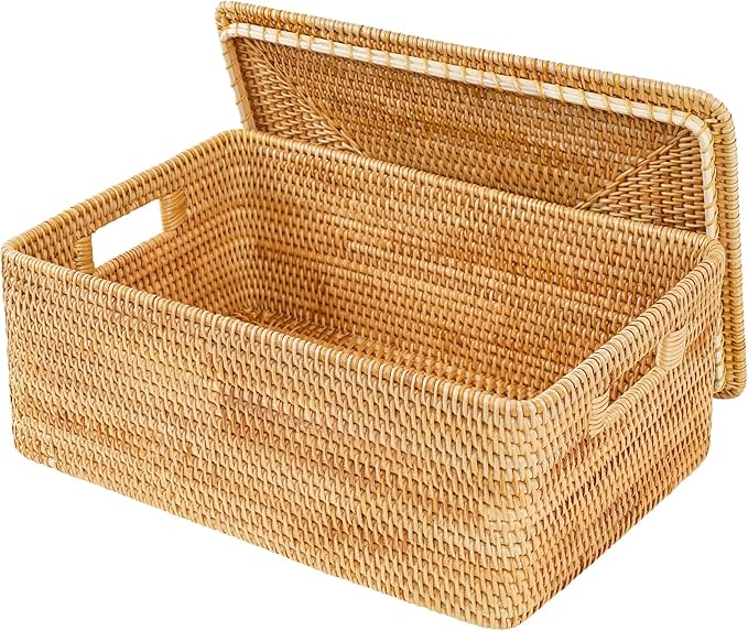 Rattan Basket With Lid,Large Storage Basket Lidded,Rattan Box For Shelf (16.5" L×12.6"W×7"H)