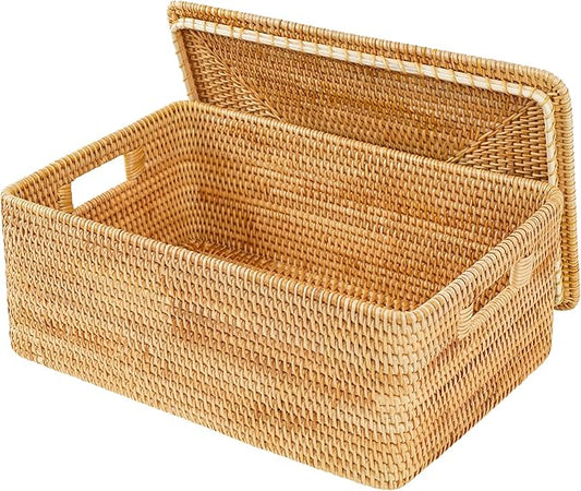 Rattan Basket With Lid,Large Storage Basket Lidded,Rattan Box For Shelf (16.5" L×12.6"W×7"H)