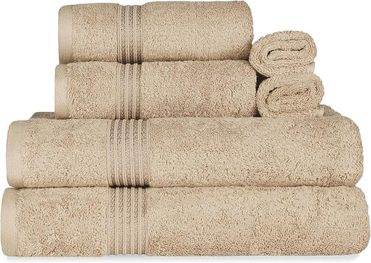 Superior Egyptian Cotton 6-Piece Towel Set, Bathroom Essentials, Towels For Bathroom, Apartment, Airbnb, Guest Bath, Face, Hand, Bath Towels, Washcloths, Absorbent, Fast Drying, Taupe