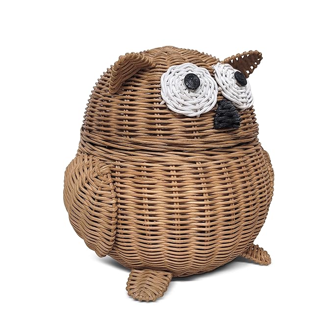 Owl Rattan Storage Basket With Lid Decorative Home Decor Hand Woven Shelf Organizer Cute Handmade Handcrafted Gift Art Decoration Artwork Wicker Hoot Owl (Small, Brown)
