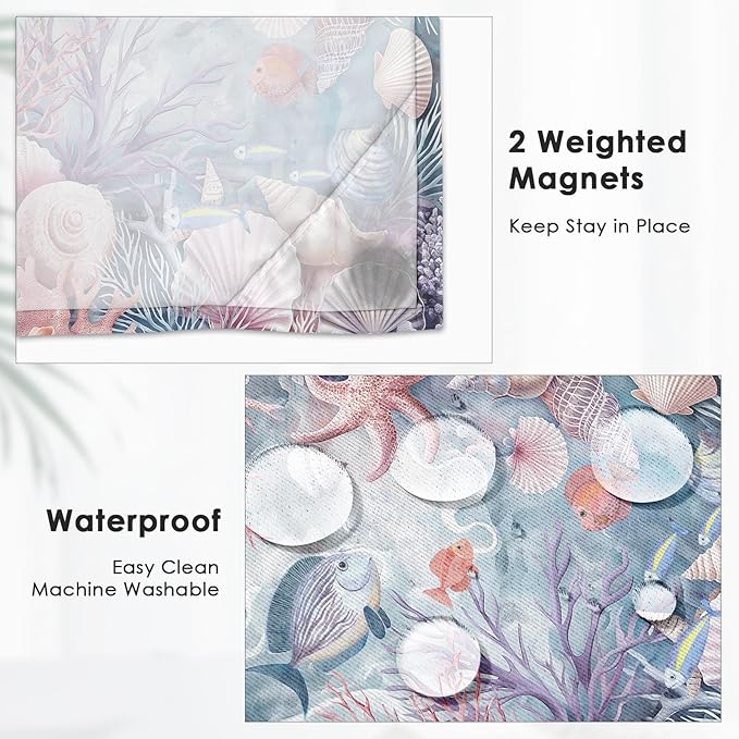 Sea Shells Coral No Hook Shower Curtain with Snap in Liner, Starfish Seashell Underwater Bath Curtain with Double Layers Waterproof Fabric and Mesh Top Window 71x74 Inch