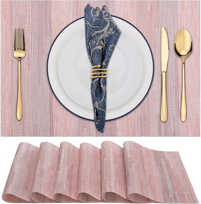 Winknowl Placemats Set of 6, Heat Resistant Stain Resistant Woven Vinyl Insulation Place mats, Durable Washable Elegant Table Mats for Kitchen Dining Table Decor (Misty Rose)