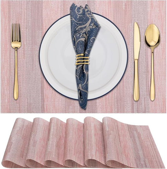 Winknowl Placemats Set of 6, Heat Resistant Stain Resistant Woven Vinyl Insulation Place mats, Durable Washable Elegant Table Mats for Kitchen Dining Table Decor (Misty Rose)