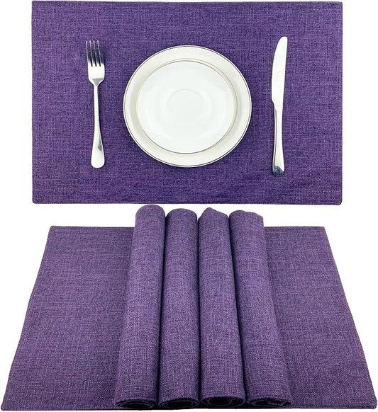 Weabetfu Cloth Placemats Set of 6 Heat Resistant Dining Table Placemmats Cotton Linen Machine Washable Kitchen Table Mats Wrinkle Free Thick Fabric Place Mat,Easy to Clean,13"x19" Purple